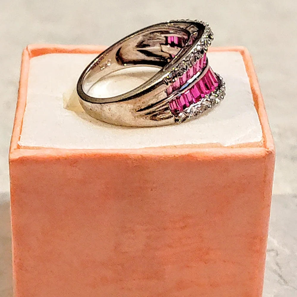 STERLING SILVER RUBY & DIAMOND RING BAGUETTE CUT RUBY & ROUND CUT DIAMONDS 8½ - Picture 8 of 16